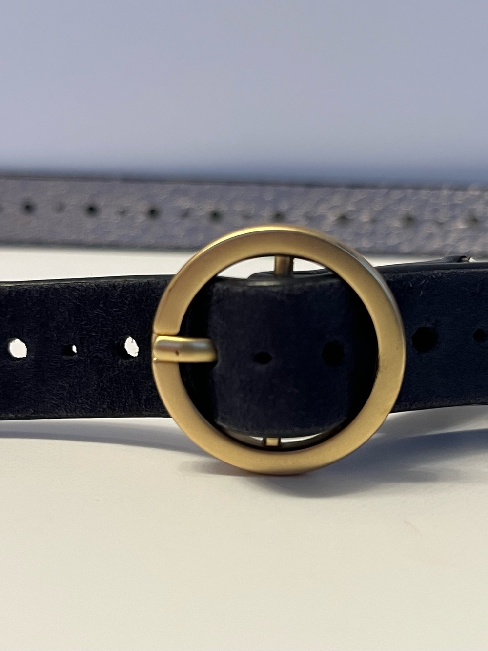 Boden Navy Suede Belt with Matte Gold Buckle Size M (40”)